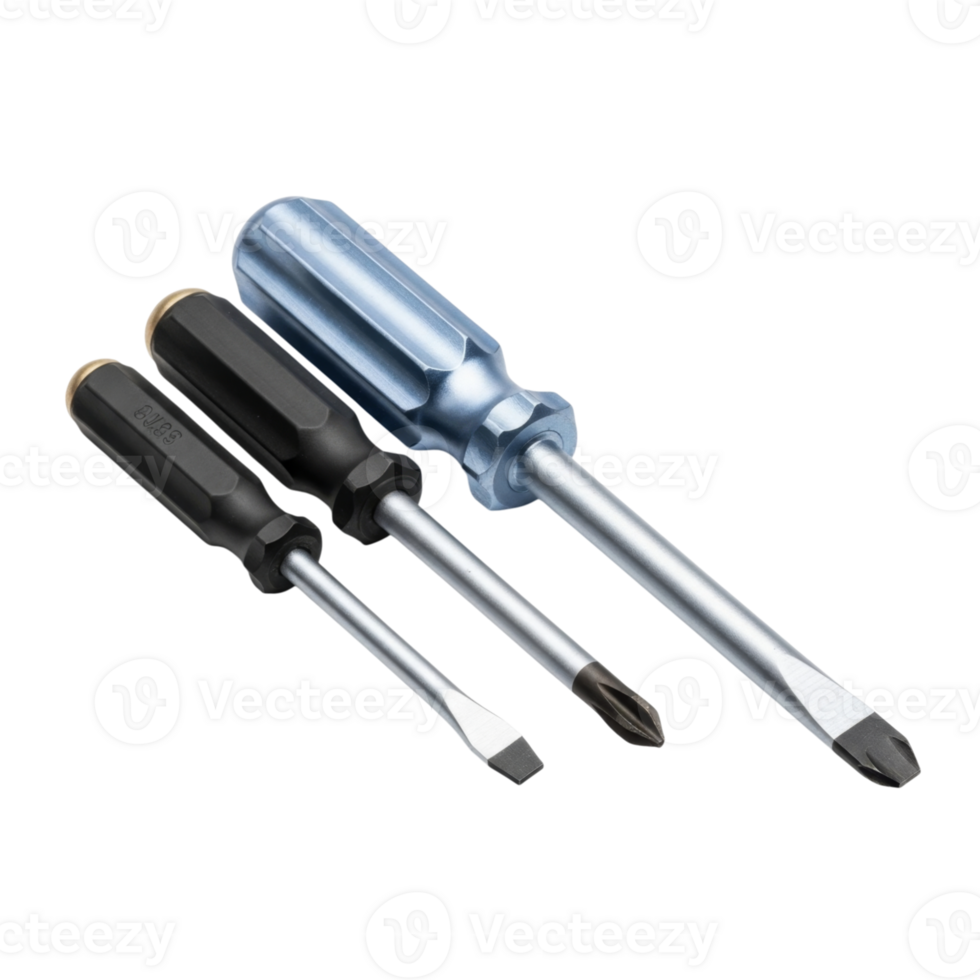 Three metal screwdrivers with black and blue handles png