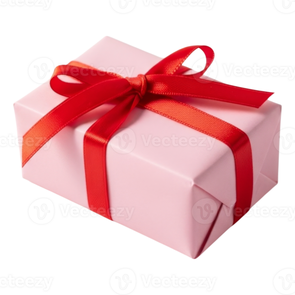 Pink gift box with red ribbon and bow png