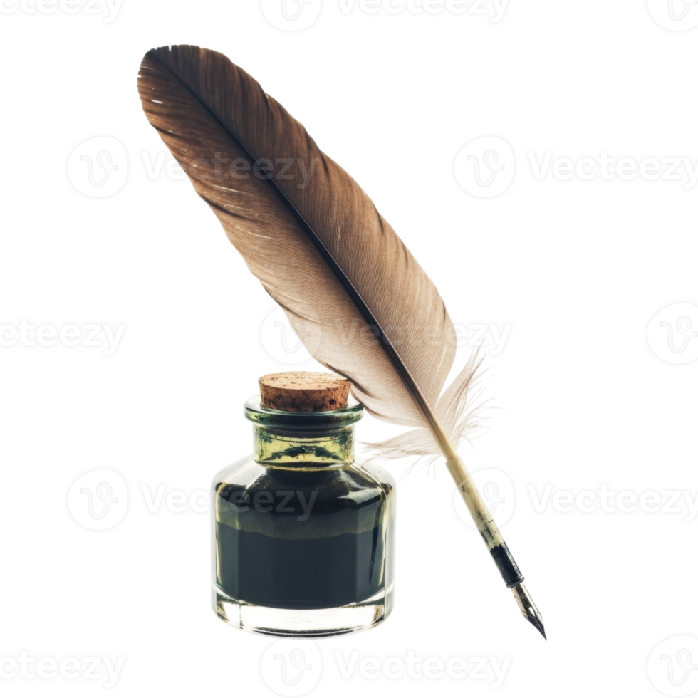 Antique feather quill pen and ink bottle png