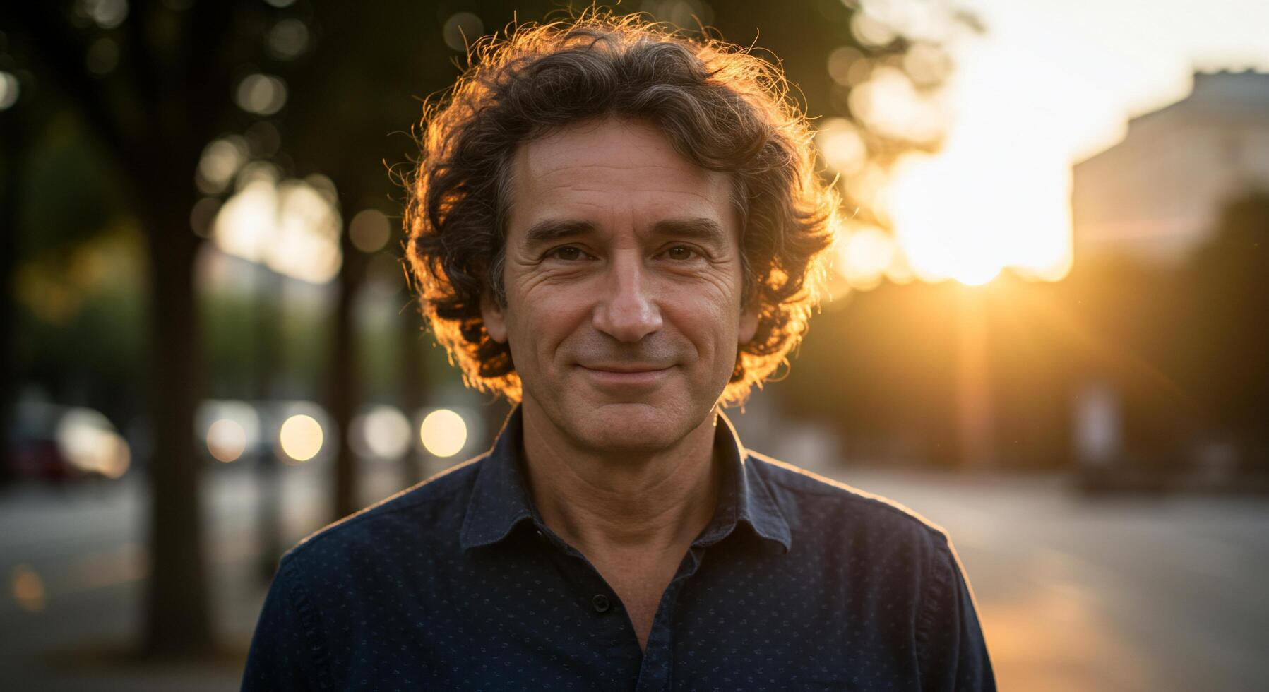 A man with curly hair standing in front of a building photo
