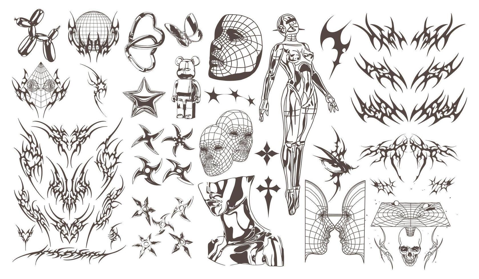 Retro futuristic elements y2k style set in flat graphic design. vector