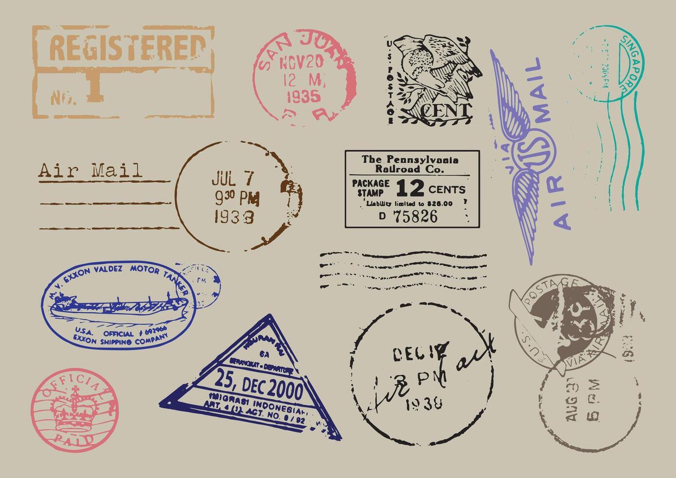 Set of blue travel-themed stamps featuring airplanes, ships, and travel icons. Includes air mail, express delivery, and approved stamps. Travel stamps collection. vector