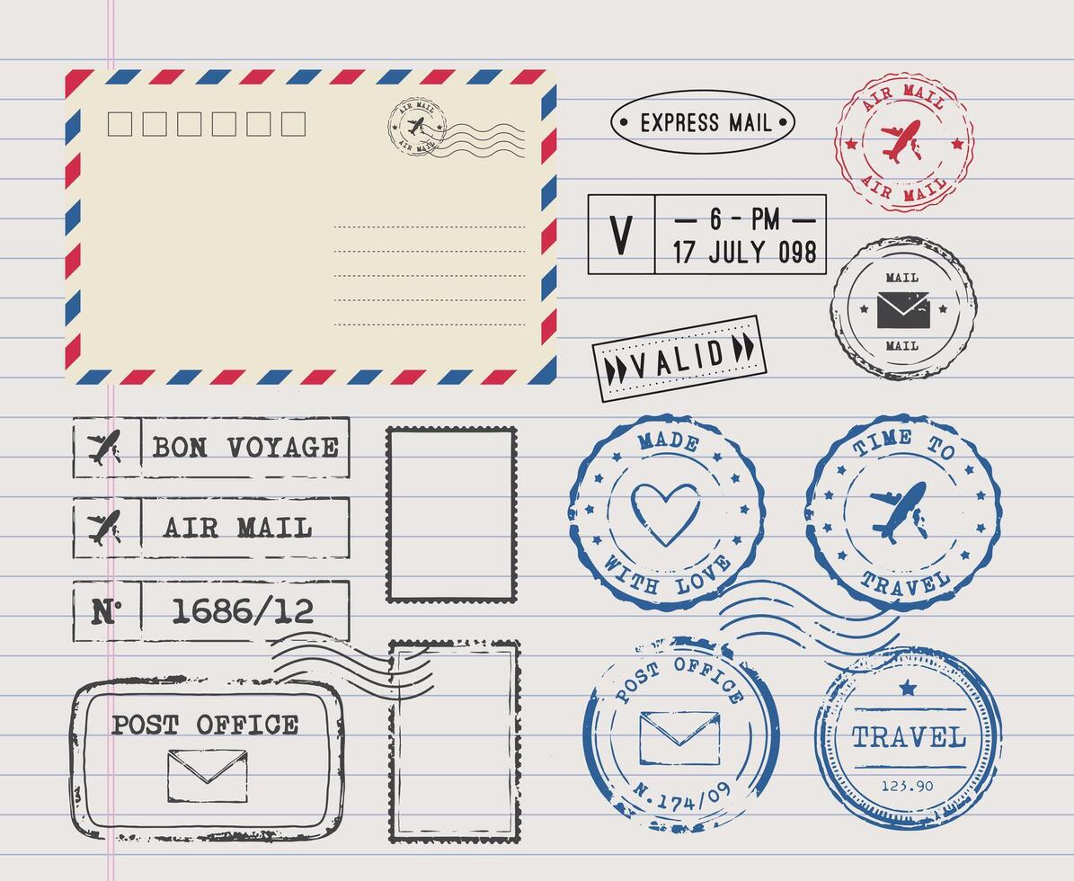 Set of postal stamps and postmarks, isolated on white background vector