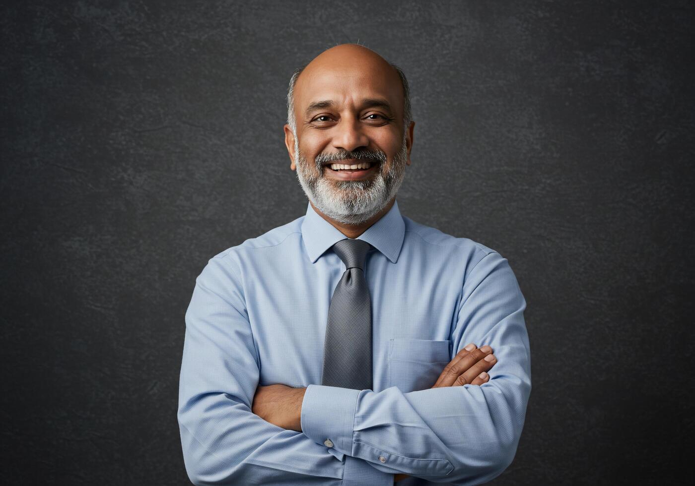 A man with a beard and tie standing with his arms crossed photo