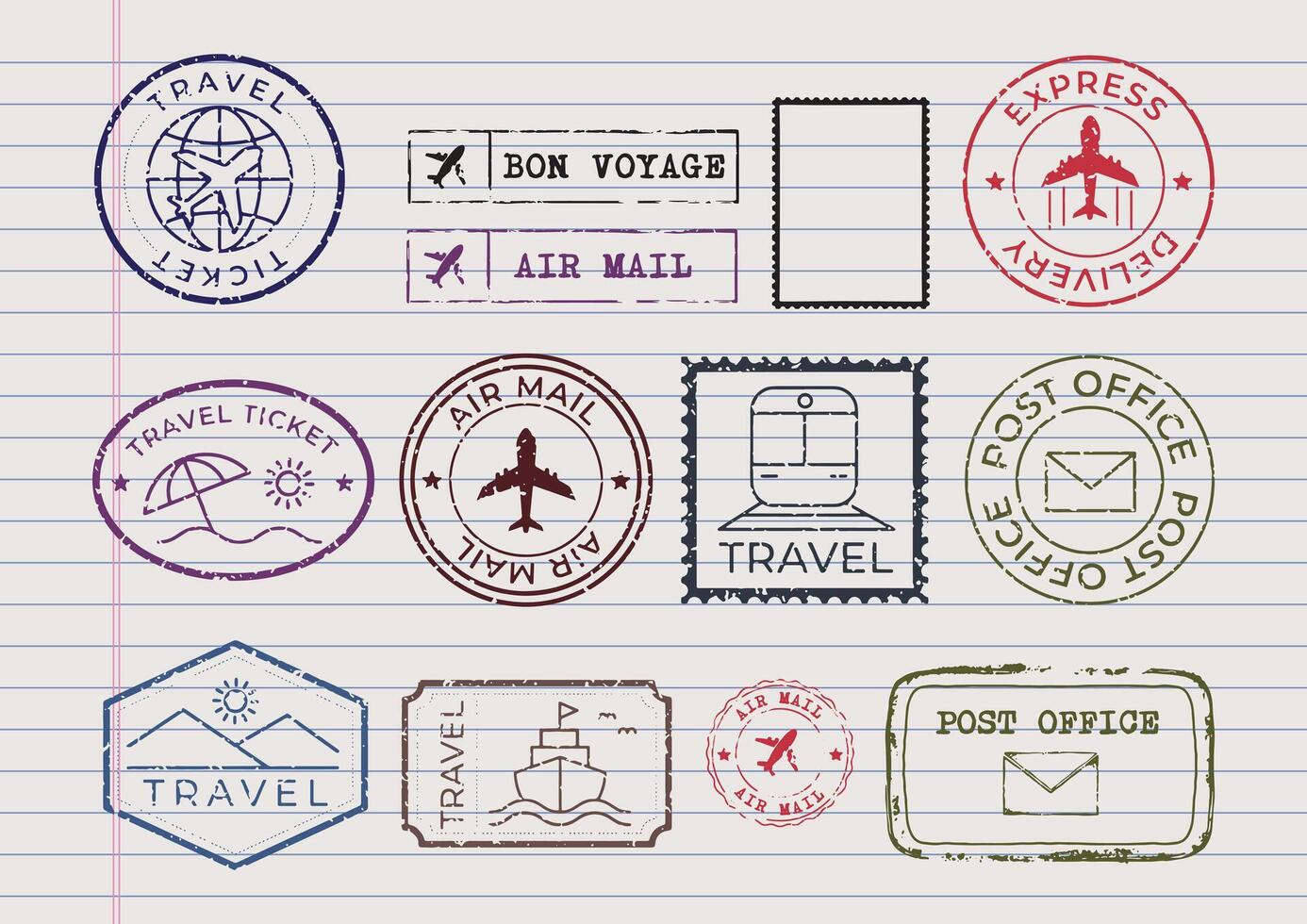 Set of blue travel-themed stamps featuring airplanes, ships, and travel icons. vector