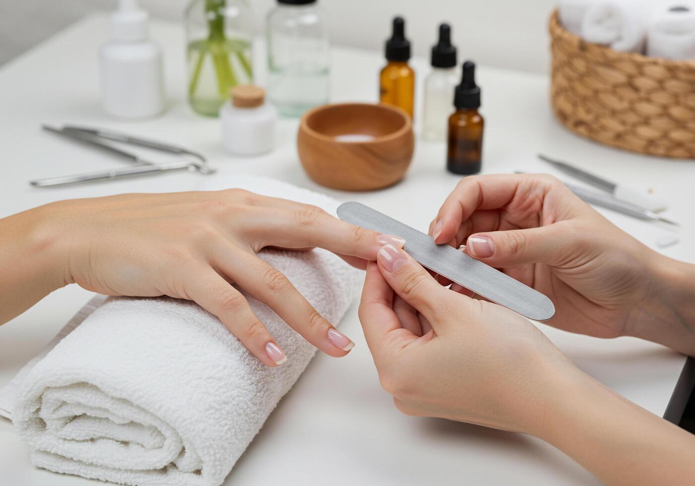 A woman is getting her nails done with a manicure photo