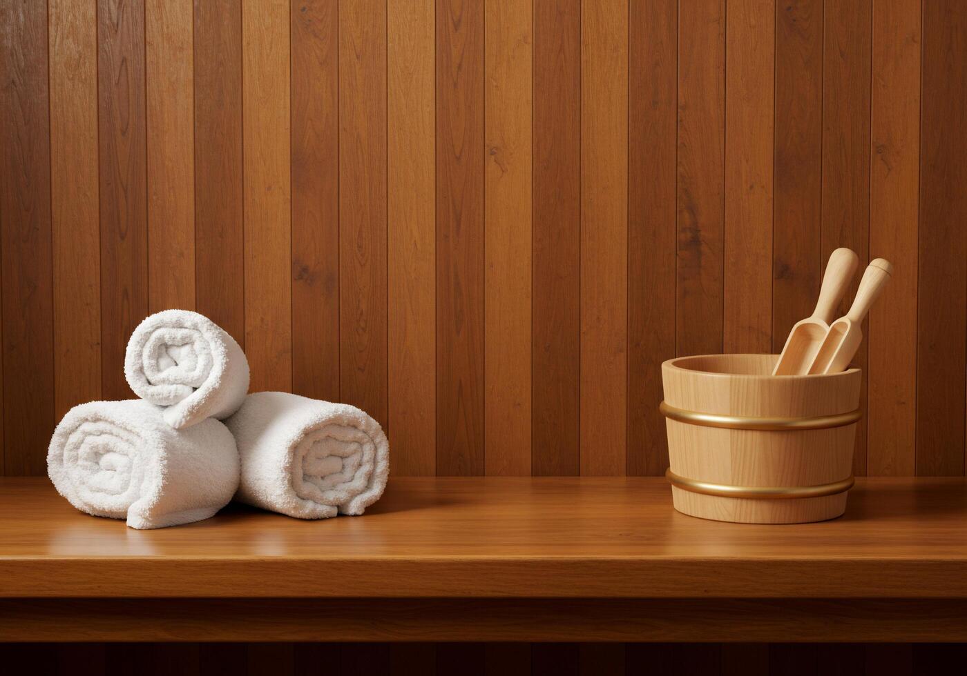 Towels and wooden bucket on a wooden shelf photo