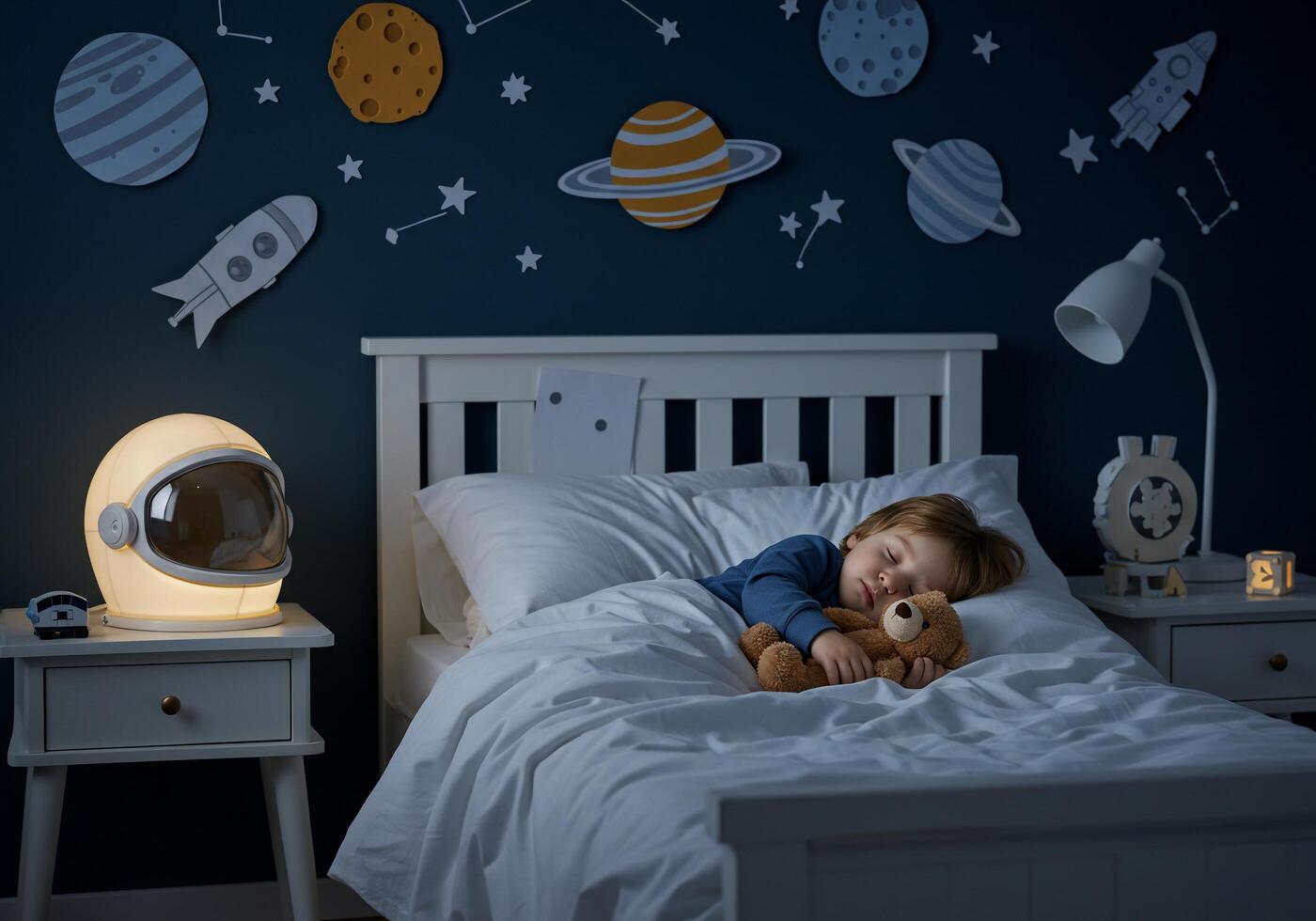 A child sleeping in a bed with a space theme photo