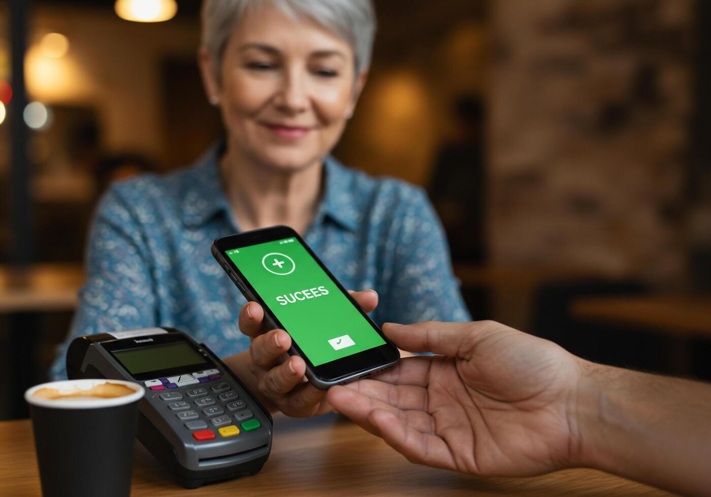 A woman using a mobile phone to pay for a coffee photo