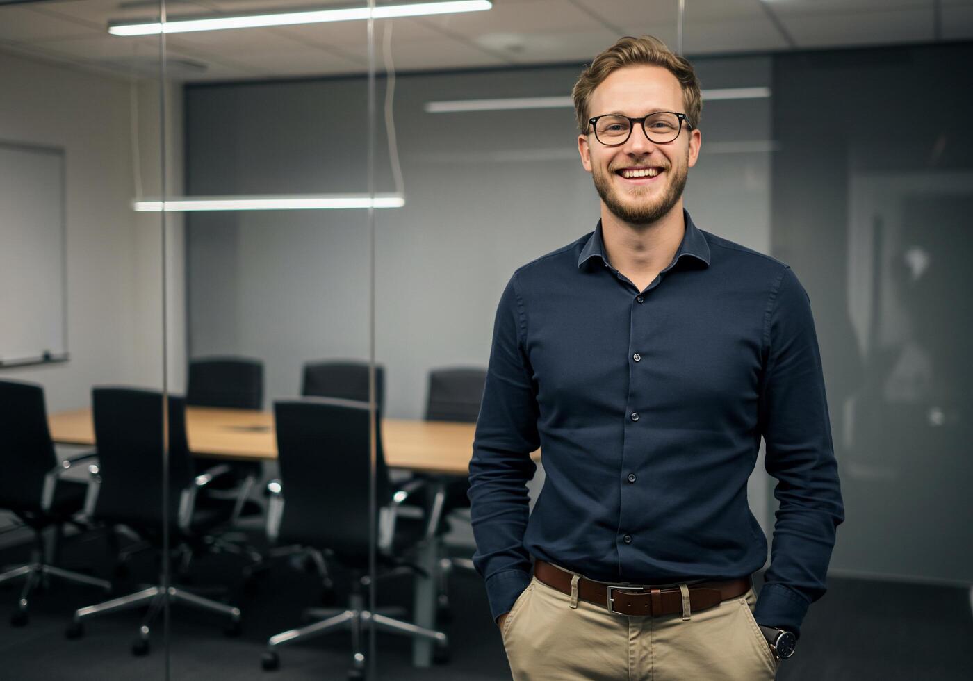 A man in glasses standing in front of a conference room photo