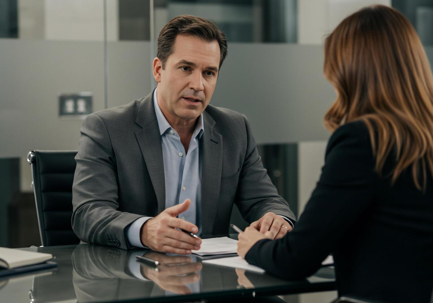A man and woman sitting at a table talking photo