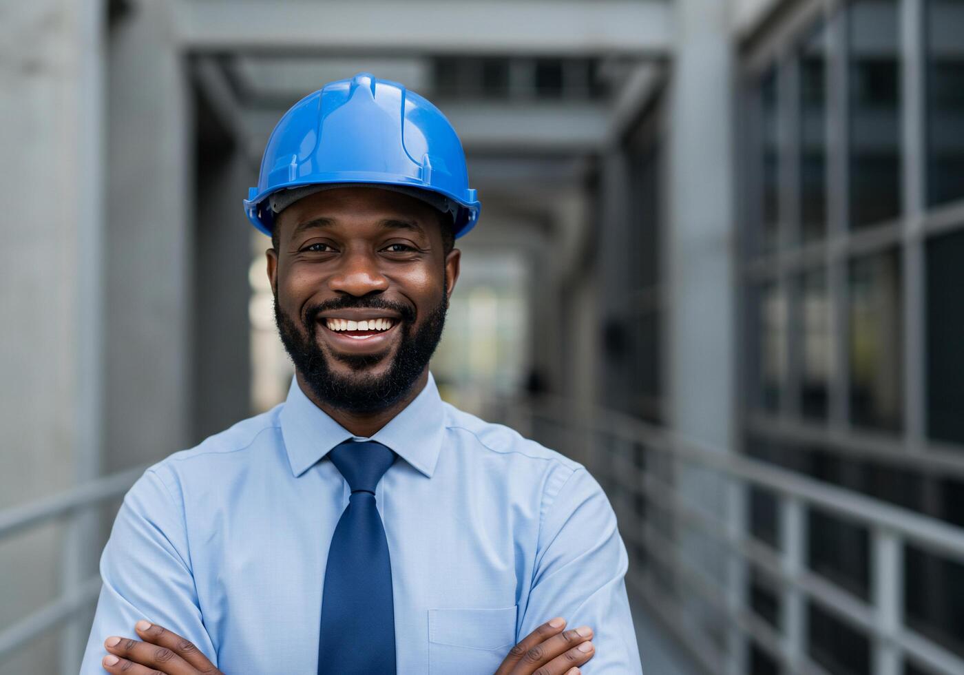 A smiling black man wearing a hard hat photo