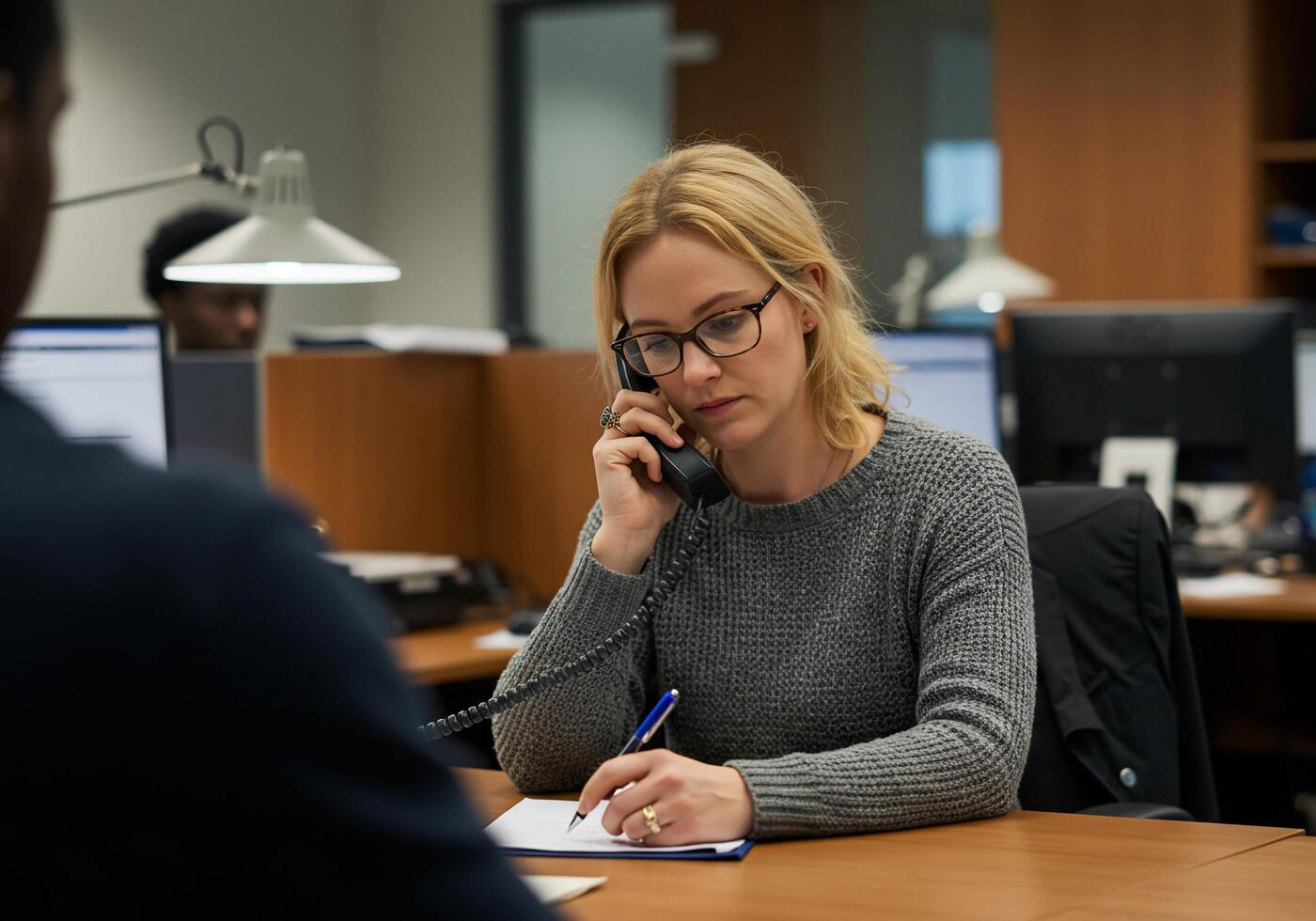 A woman is talking on the phone while sitting at a desk photo