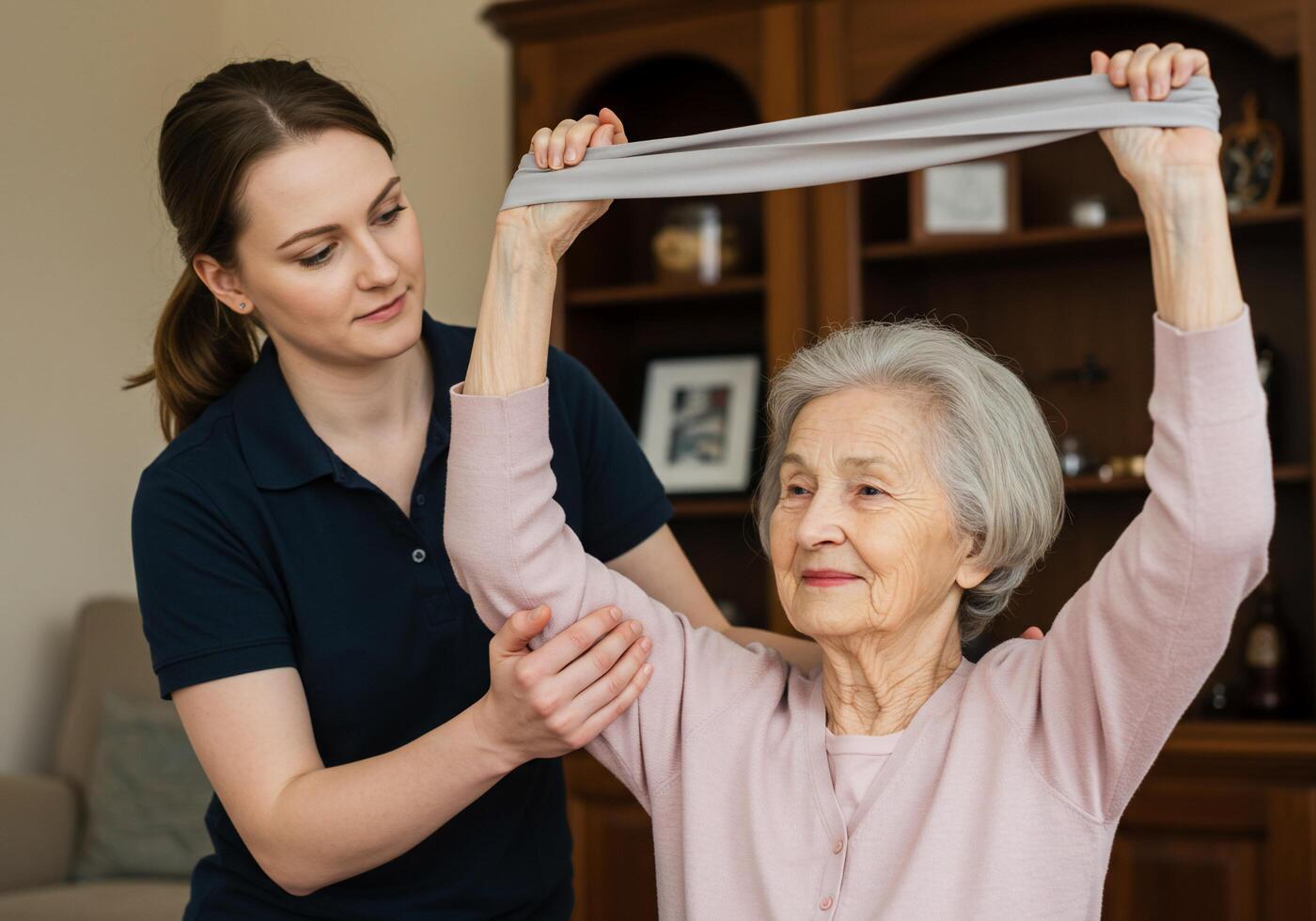 A woman is helping an older woman with her hair photo