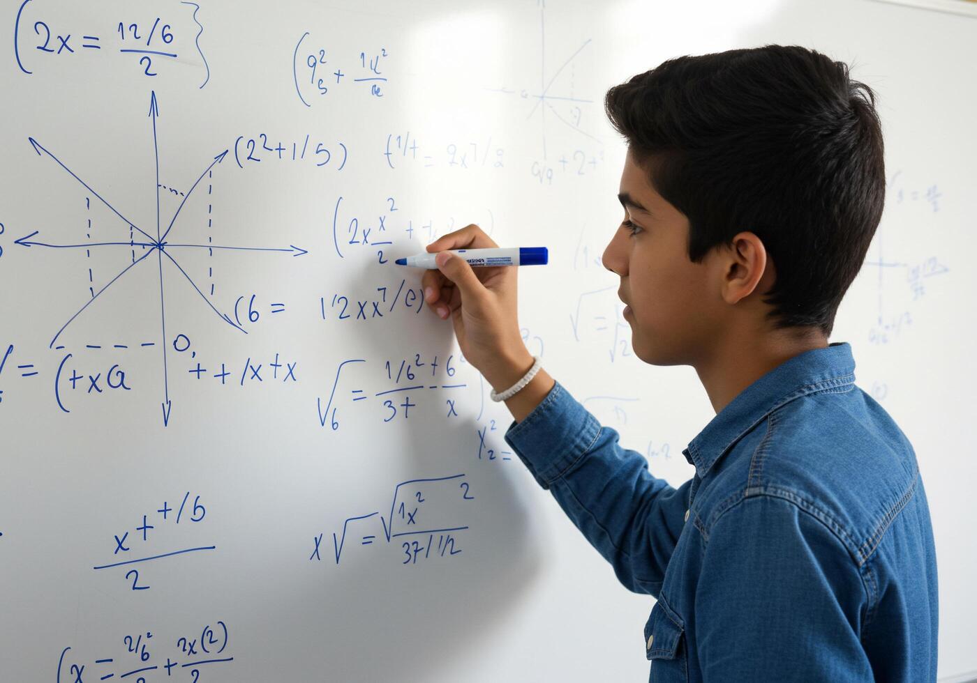 A boy writing on a whiteboard with math formulas photo