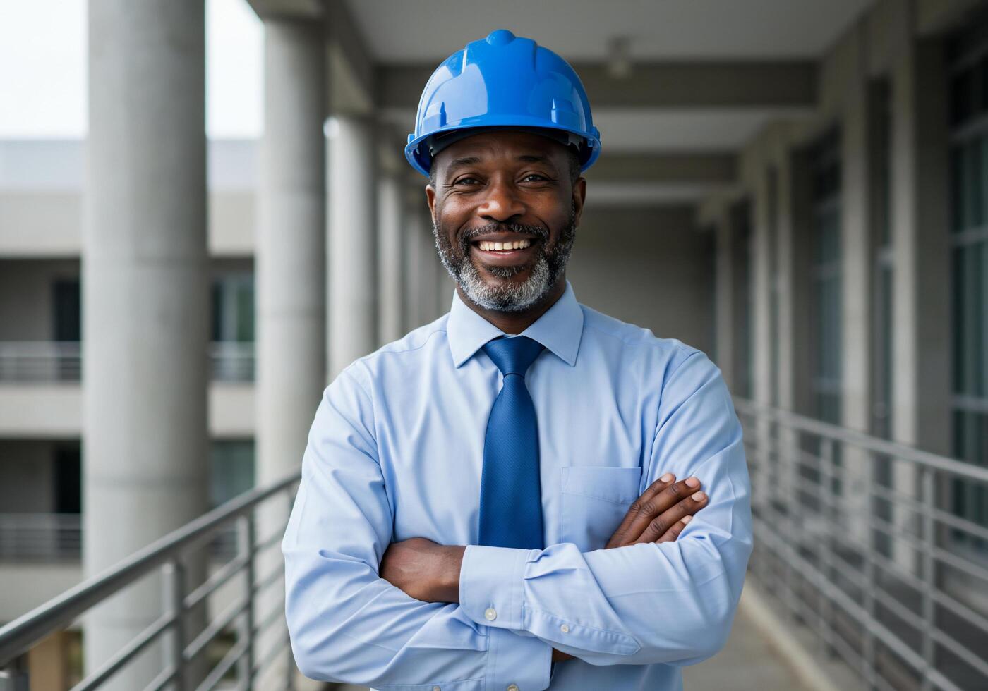 An african american man in a blue hard hat photo