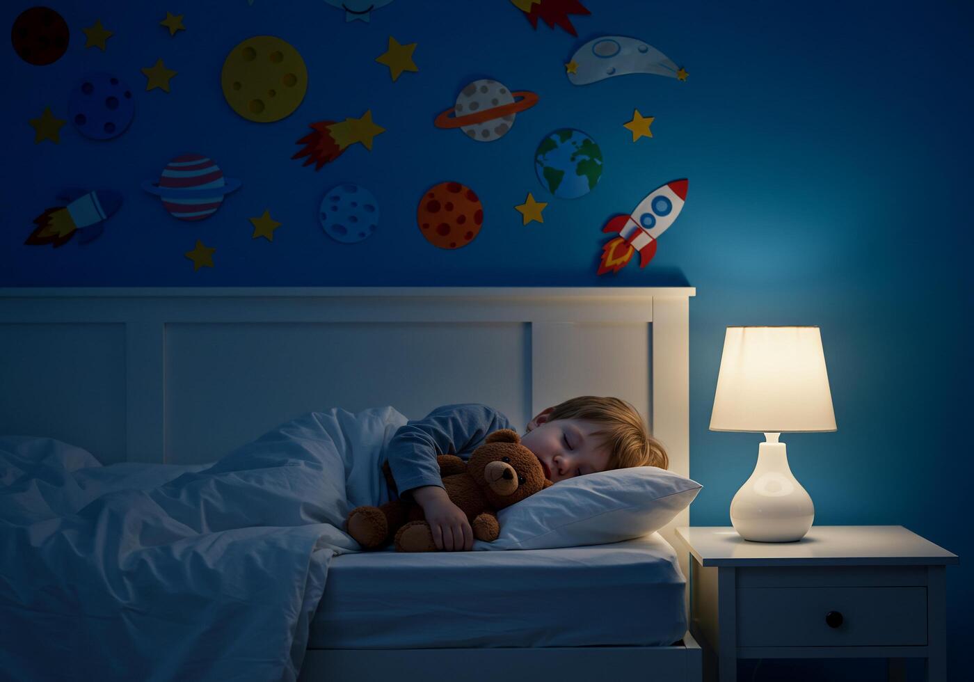 A child sleeping in a bed photo