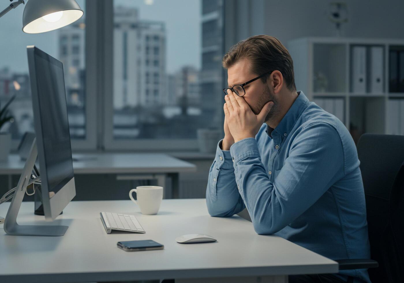 A man sitting at a desk with his hands on his face photo