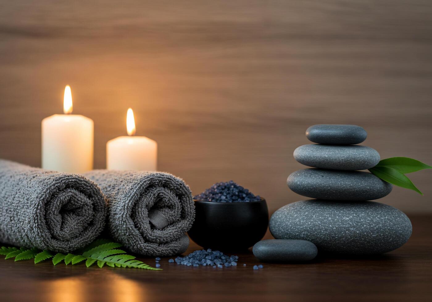 Spa stones and candles on wooden table photo