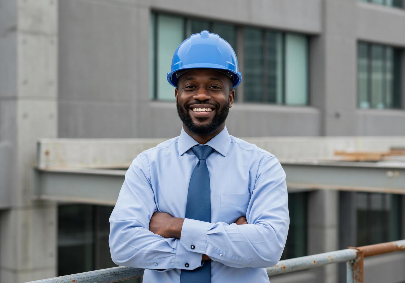 A smiling black man in a blue shirt and blue hard hat photo