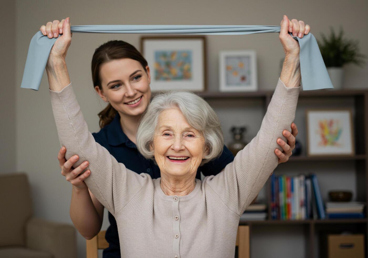 A woman is holding up an older woman's arm photo