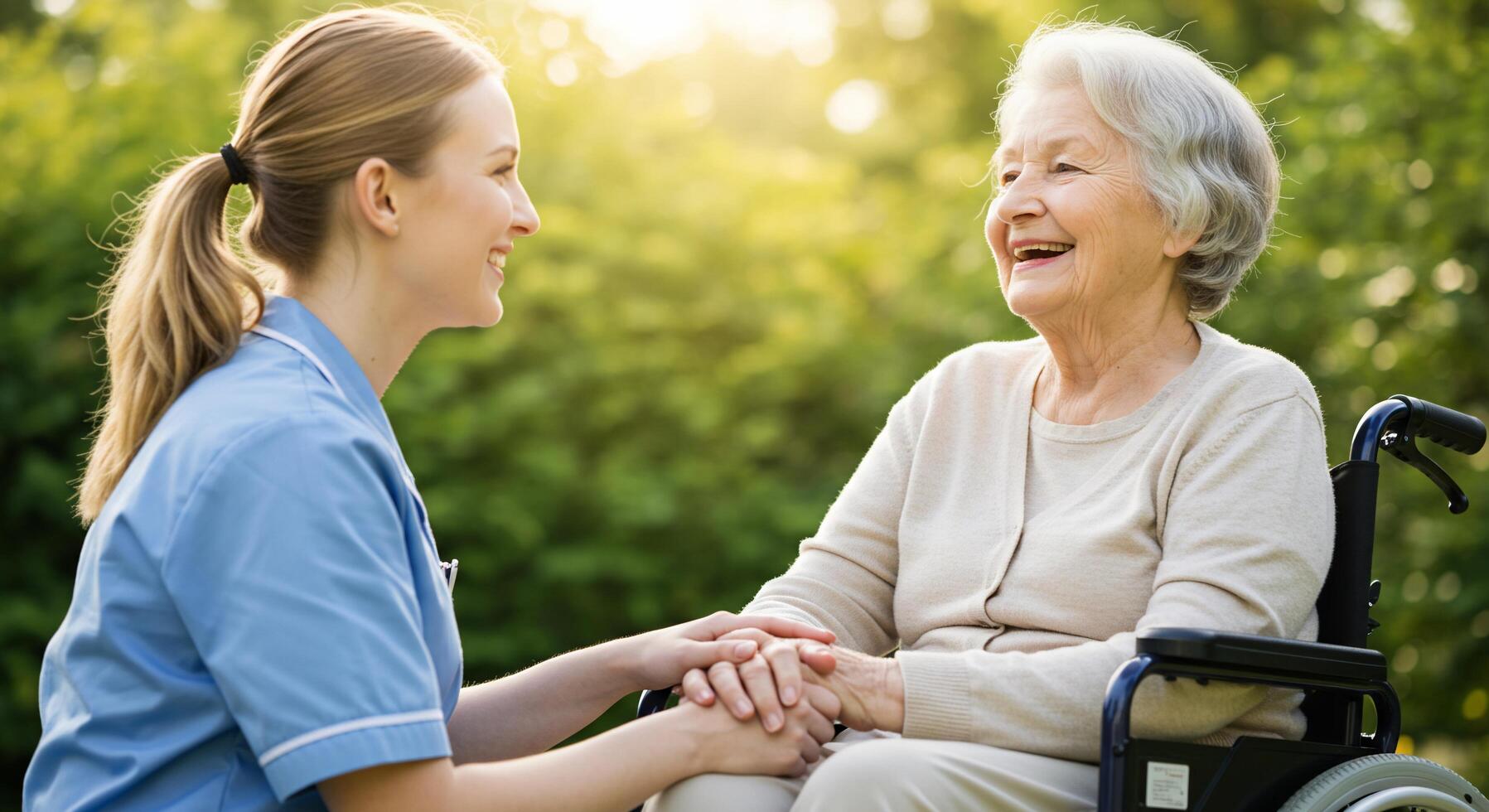 A woman in a wheelchair talking to an older woman photo
