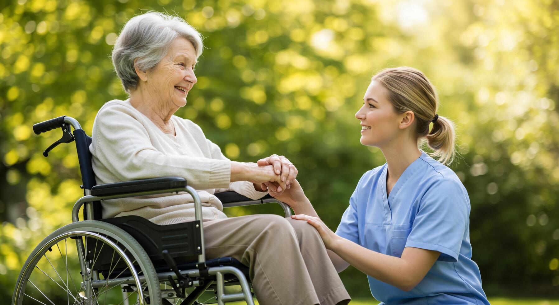 A woman in a wheelchair holding the hand of an older woman photo