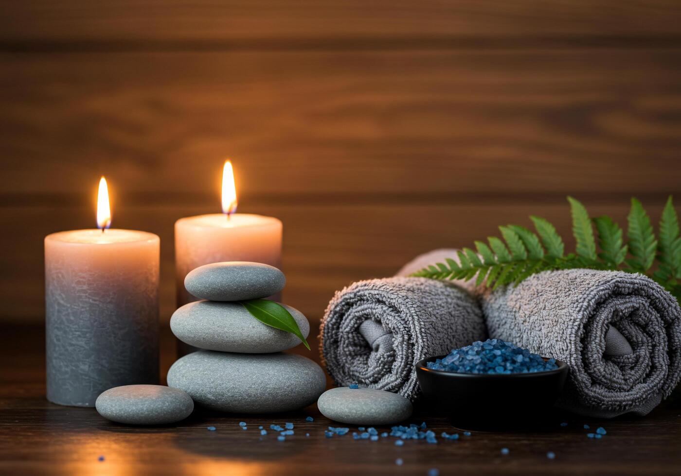 Spa stones, candles and fern on wooden background photo
