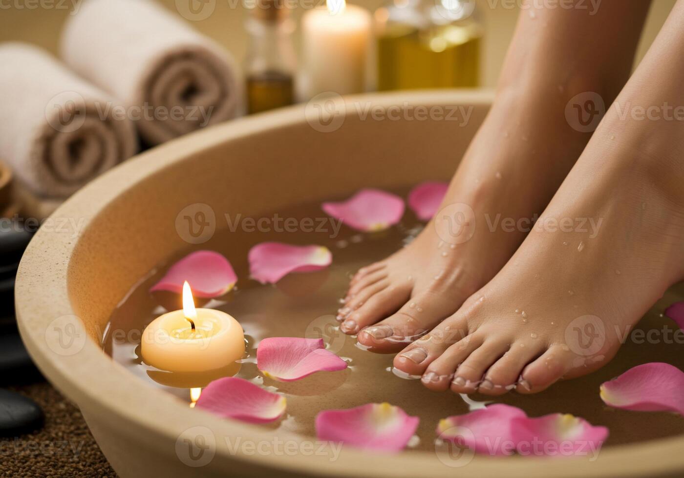 A woman's feet in a bowl with candles and rose petals photo