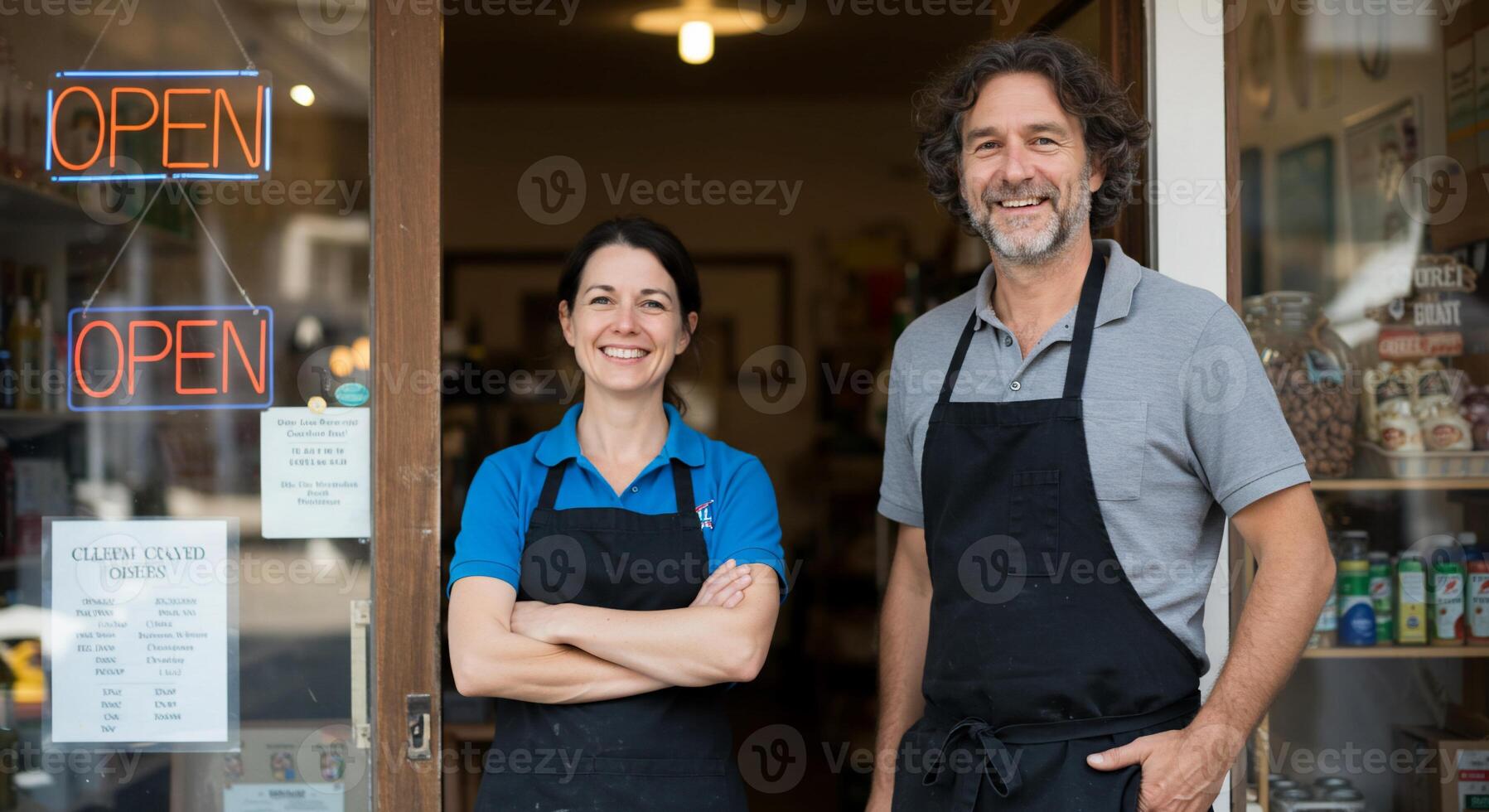 A man and woman standing in front of a business photo