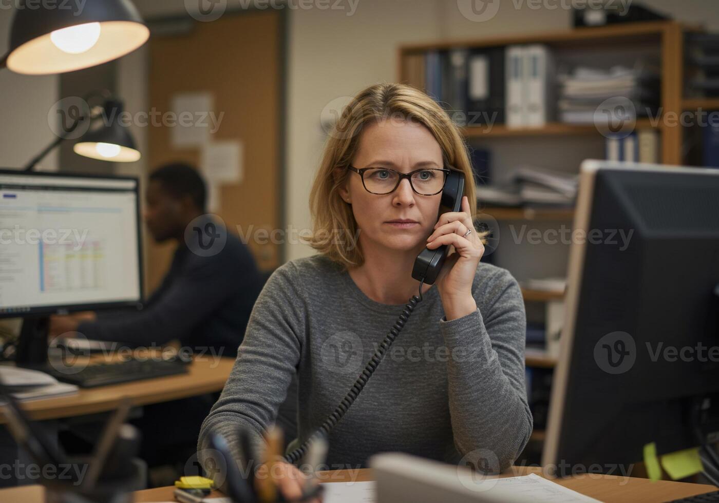 A woman in glasses talking on the phone in an office photo