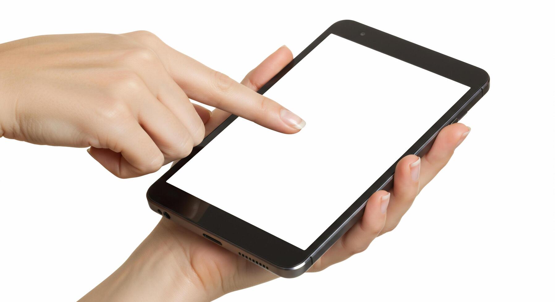 A person holding a smart phone with a white screen photo
