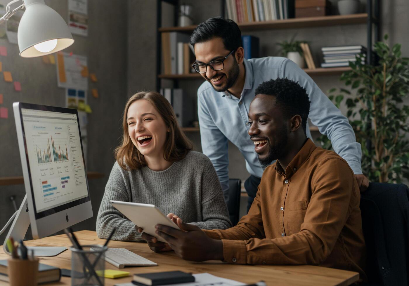 Three people are laughing and smiling while looking at a computer screen photo