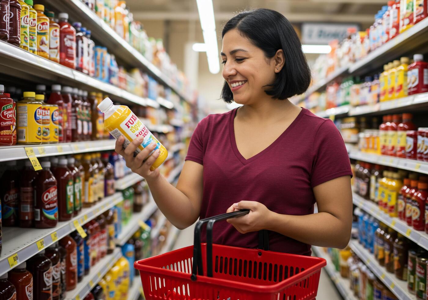 A woman is holding a bottle of juice in a grocery store photo