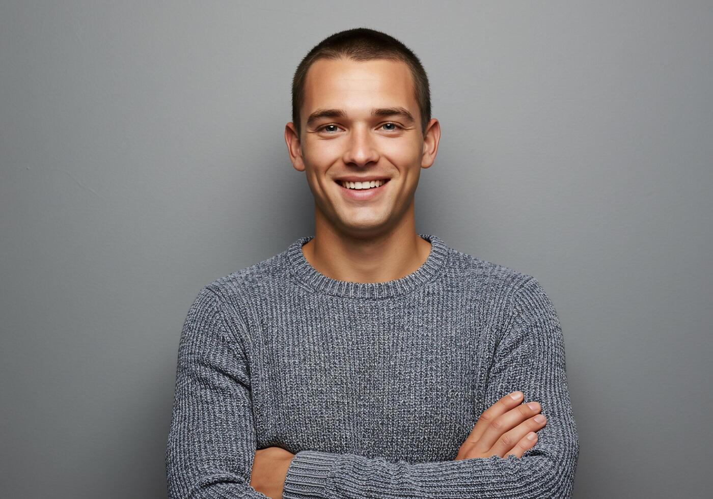 Portrait of a smiling young man with arms crossed over gray background photo
