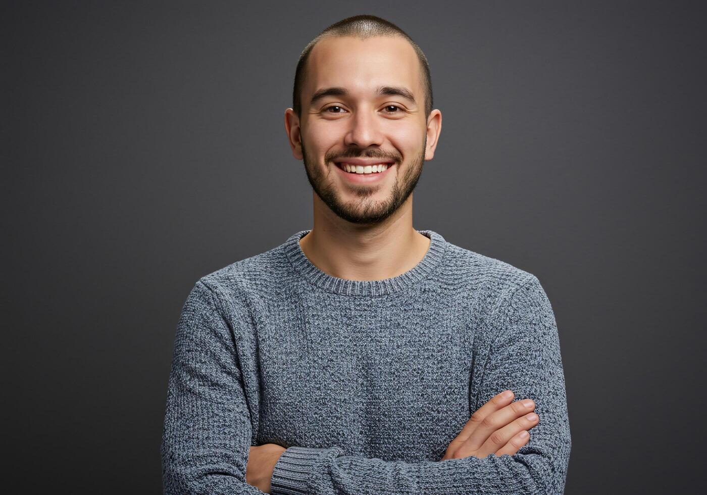 Portrait of a young man with his arms crossed on a gray background photo