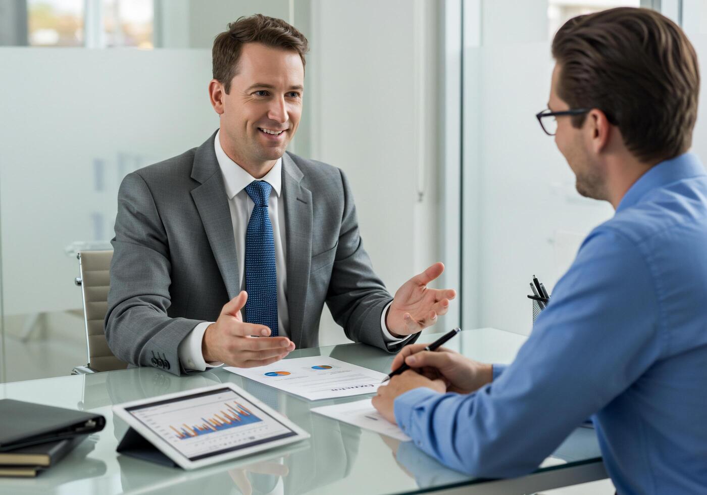 Two men in suits talking at a table photo