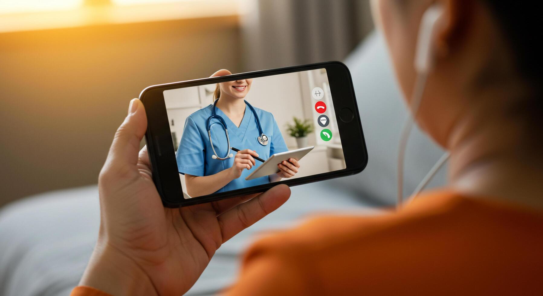 A woman holding a smart phone with a of a doctor on it photo