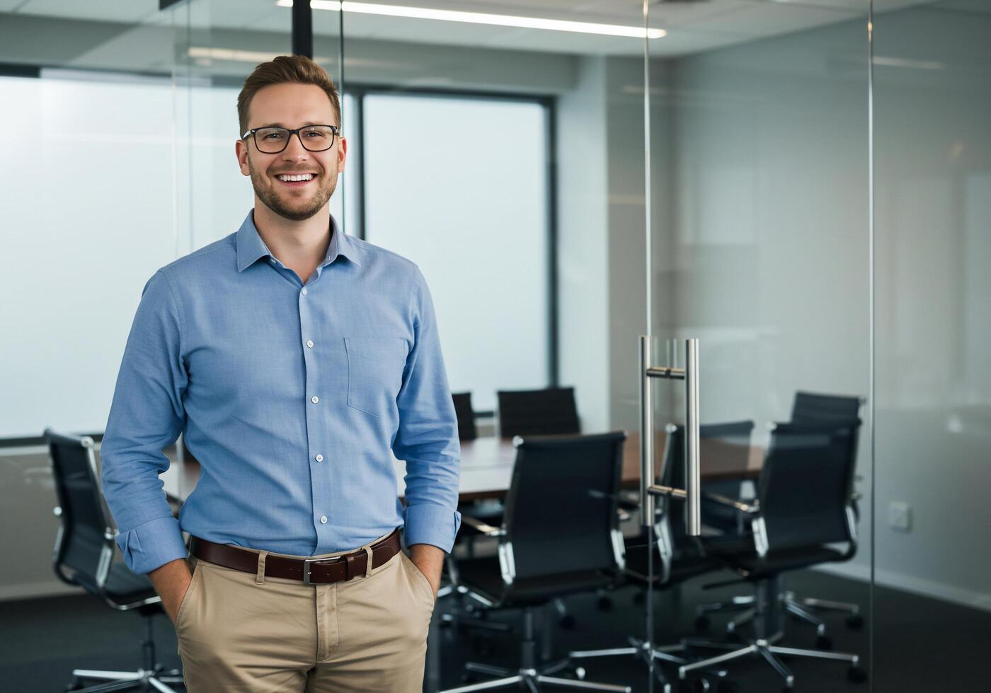 A man in a blue shirt and glasses standing in front of a glass wall photo