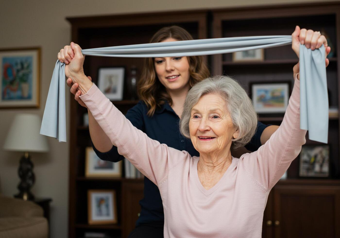 A woman is helping an older woman with a scarf photo