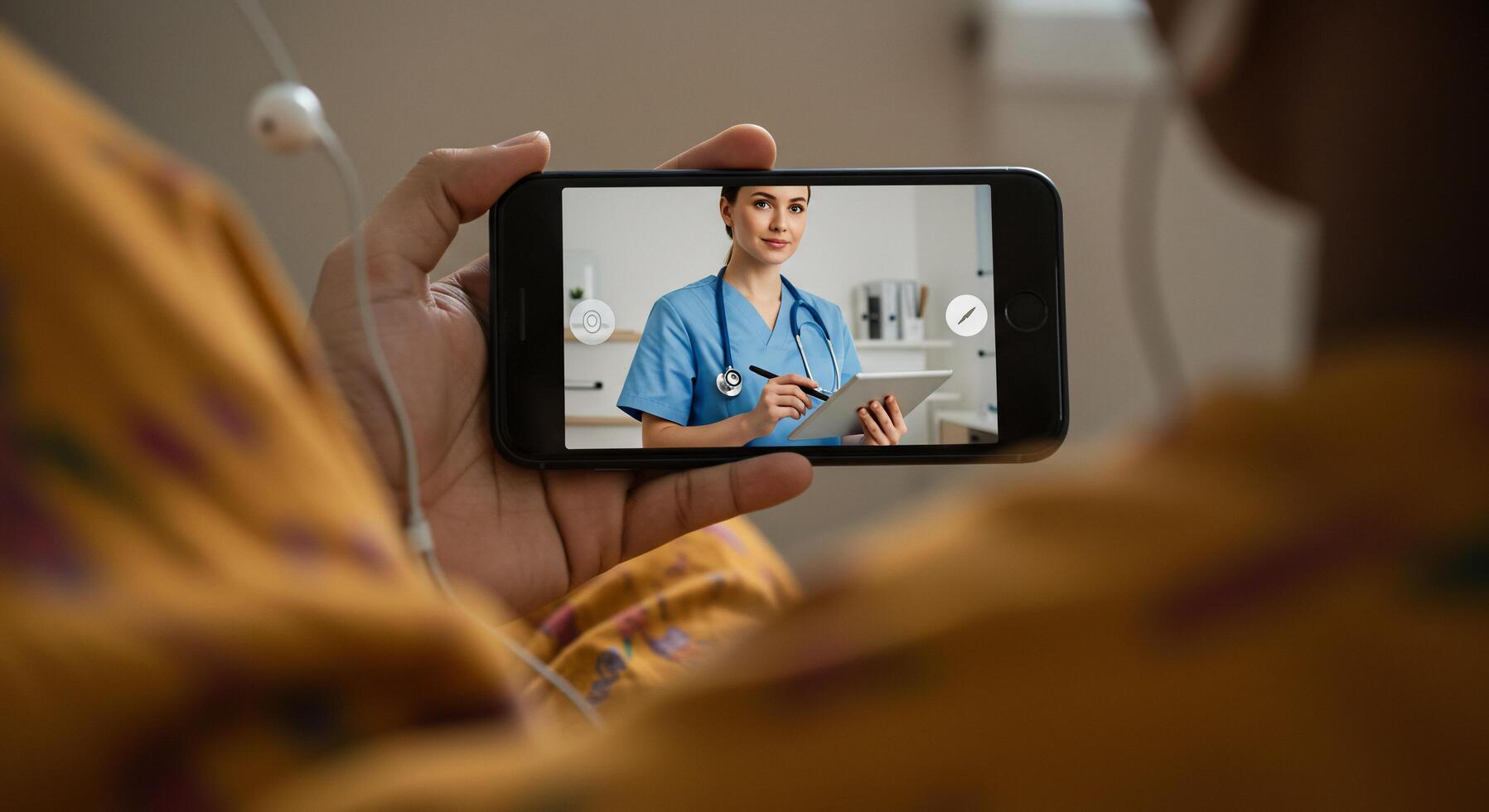 A person holding a smart phone with a nurse on the screen photo