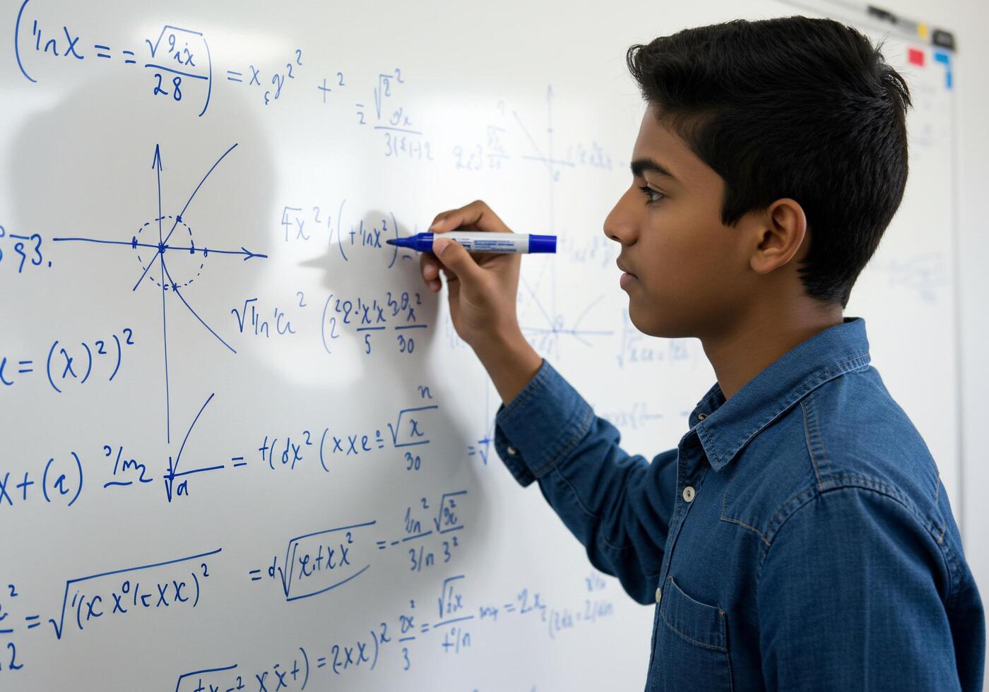 A young man writing on a whiteboard with math formulas photo