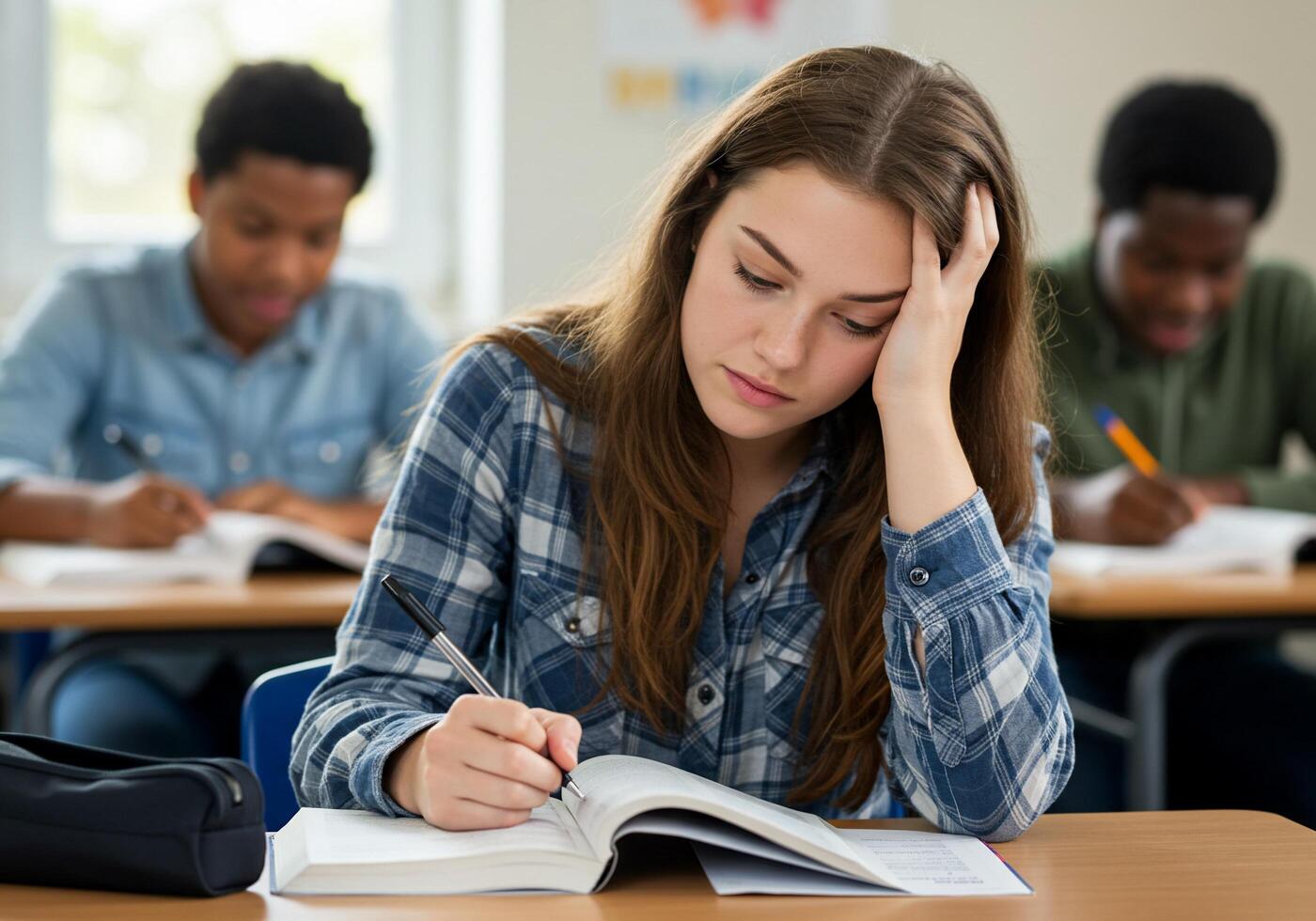 A girl sitting at a desk in front of a group of students photo