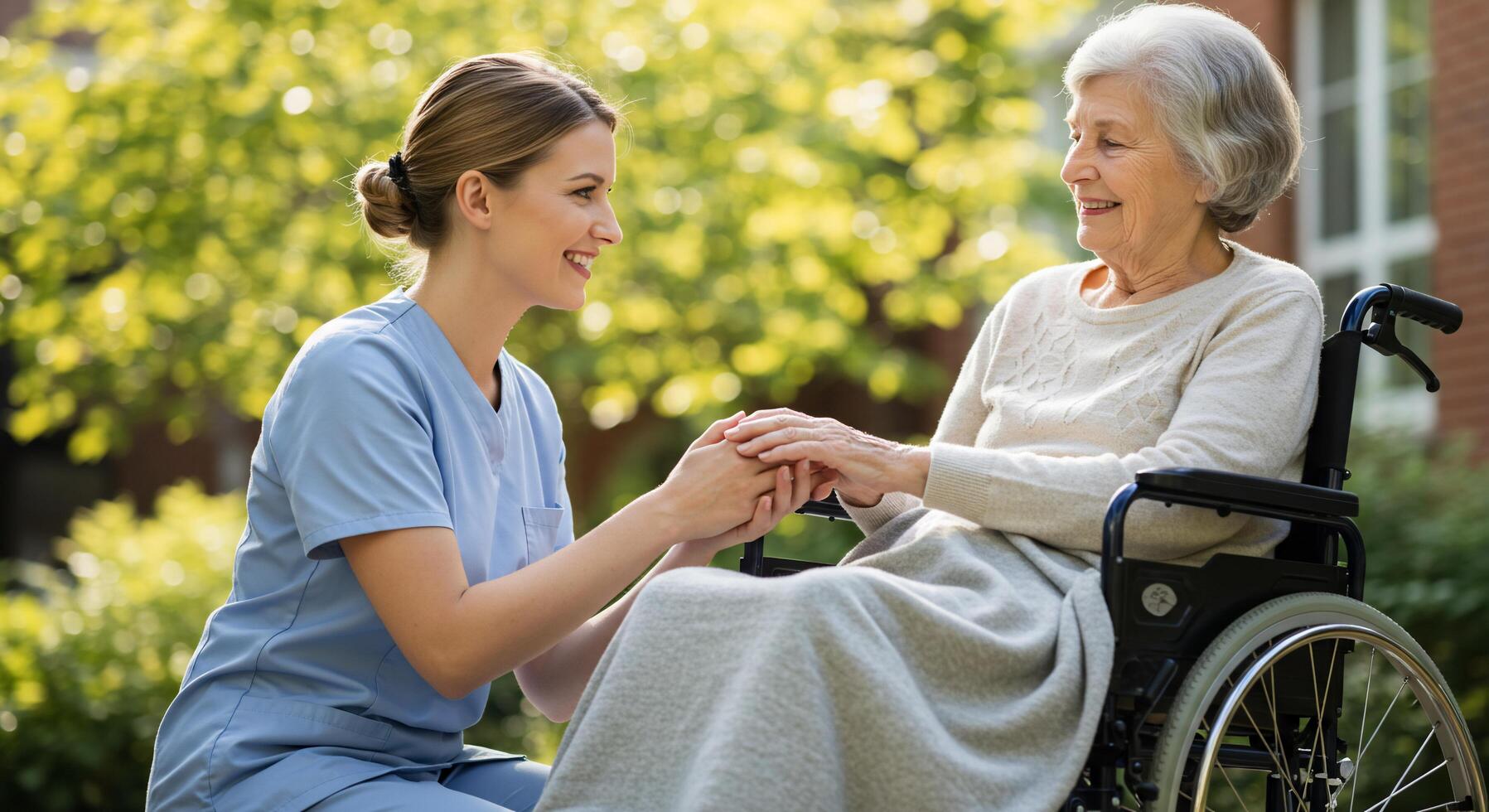 A nurse holding the hand of an elderly woman in a wheelchair photo