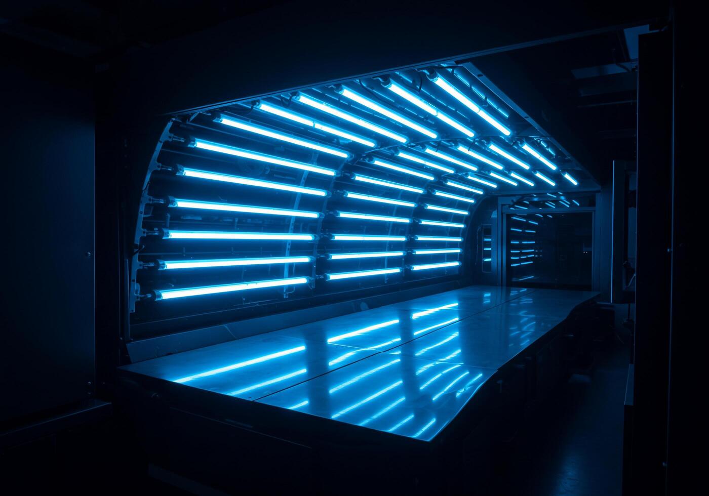 A blue light is shining on a table photo