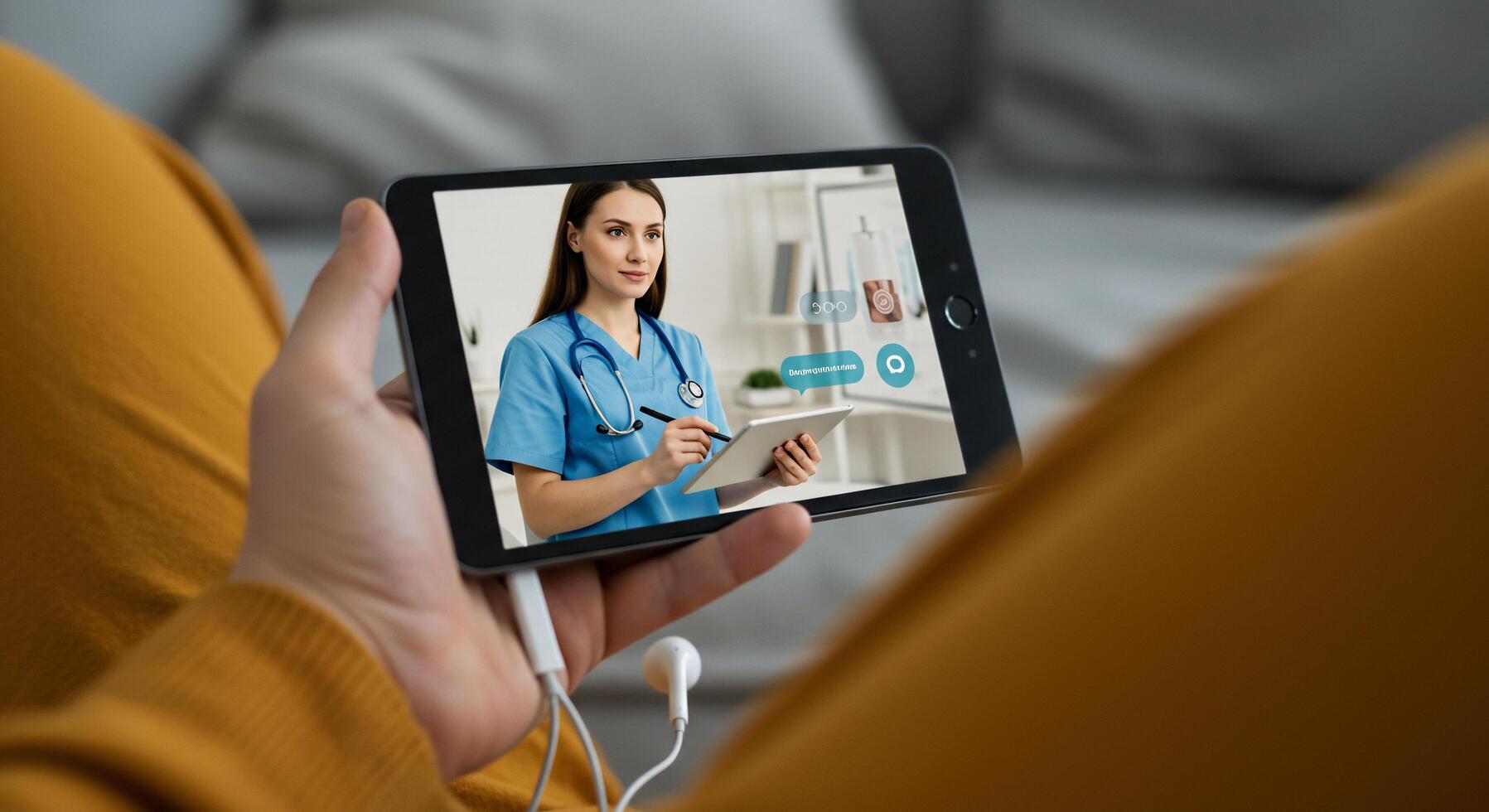 A woman holding a tablet with a nurse on the screen photo