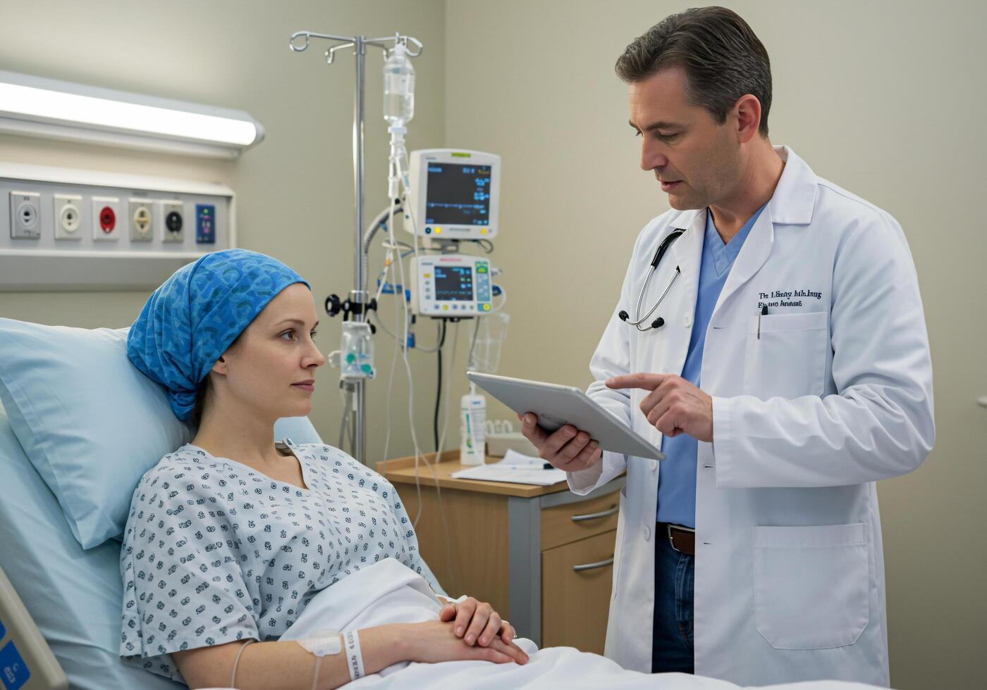 A doctor is talking to a patient in a hospital bed photo