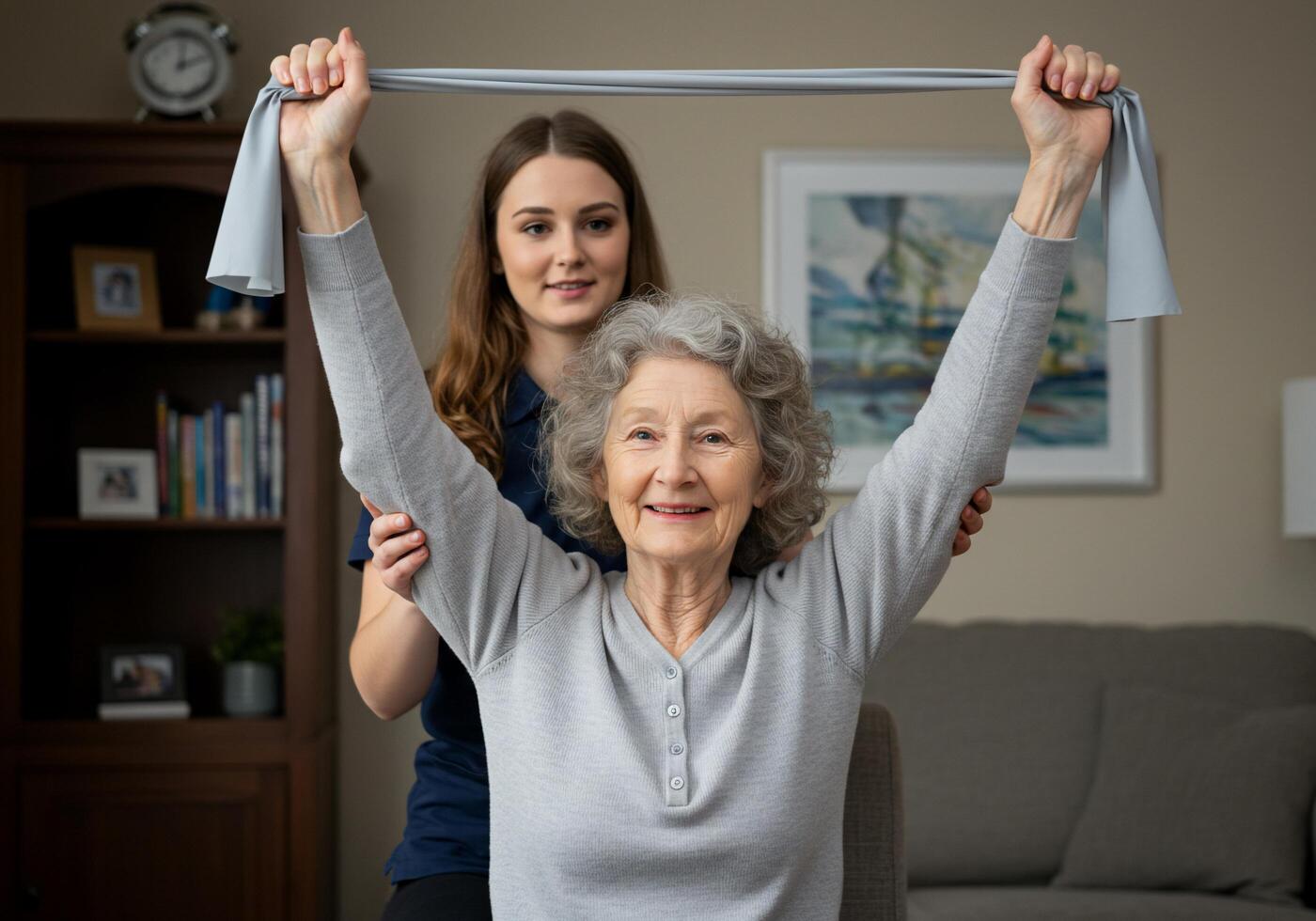 A woman is helping an older woman with her hands photo