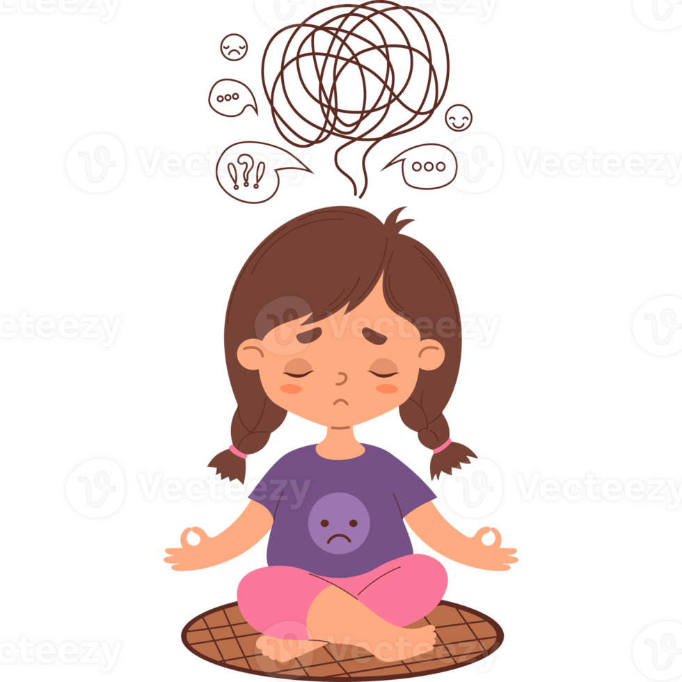 Thoughtful sad girl meditates. Confused thoughts and tangled tangle png