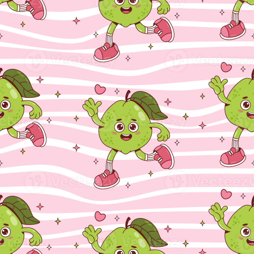 Seamless Pattern Guava Groovy retro Character on pink Stripe Background png
